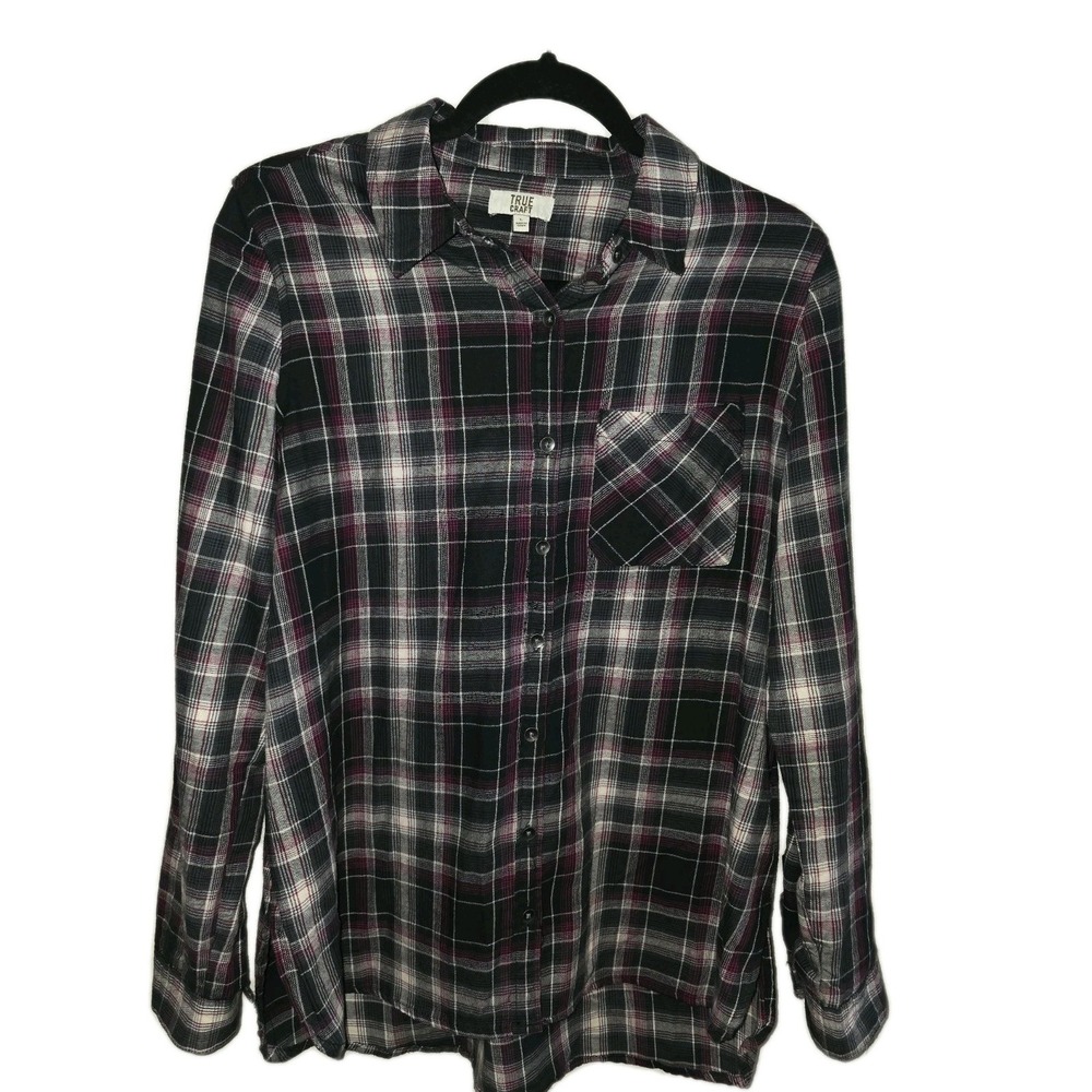 True Craft Button Up Women's Flannel Shirt Long Sleeve Sz L Western Grunge Boho
